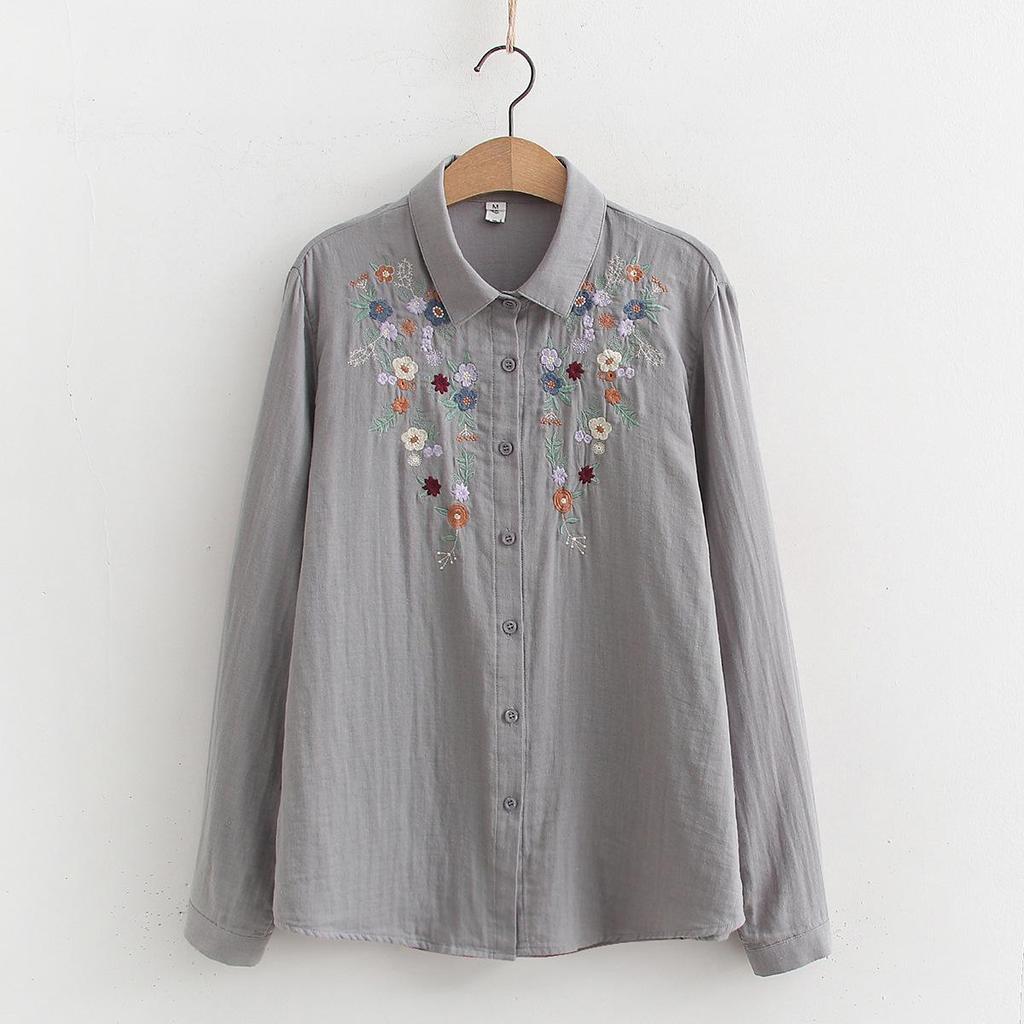 Femmes Col rabattu Hauts amples Fille Manches longues Blouses Broderie Printemps Chemises Fil double coton