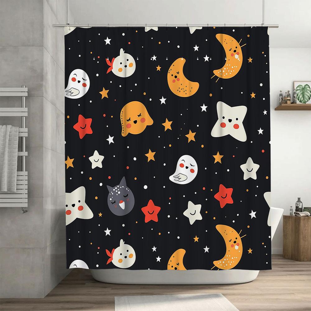 Charmful Night Sky Shower Curtain with Cartoon Characters Black Background Printed Fabric Waterproof Bathroom Decor for Kids Roo