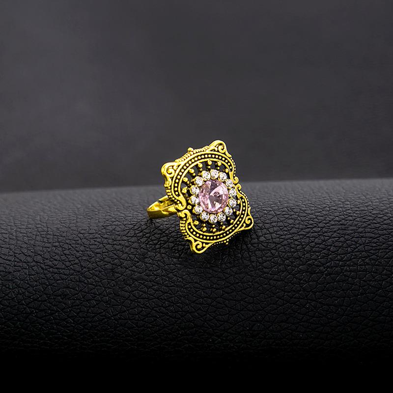 Vintage Gold Gemstone Necklace & Ring Set with Diamond Tassel