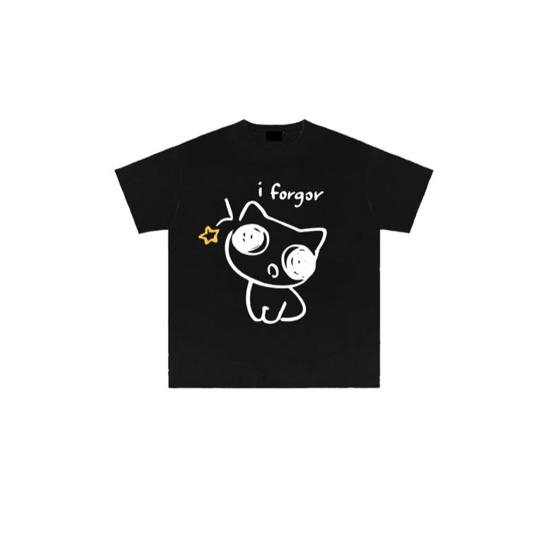 Zazomde Unisex Hand Drawn Cute Cat I Forgor Letter Graphic T Shirt Short Sleeve Tops Casual Aesthetic Streetwear Cotton Tees