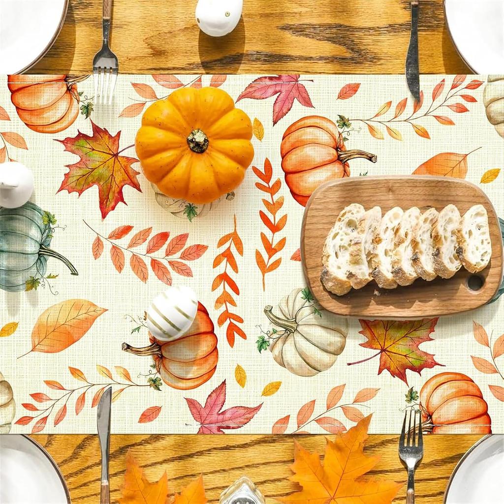 Pumpkin Buffalo Plaid Fall Table Runner, Fall Maple Leaves Kitchen Dining Table Runner Decoration for Thanksgiving Party Decor 13x72 Inch