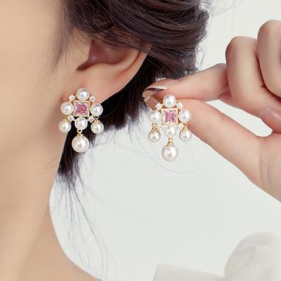 French Pearl Square Zircon Earrings Light Luxury Fashion Fairy Style Earrings Niche Design Fringed Earrings