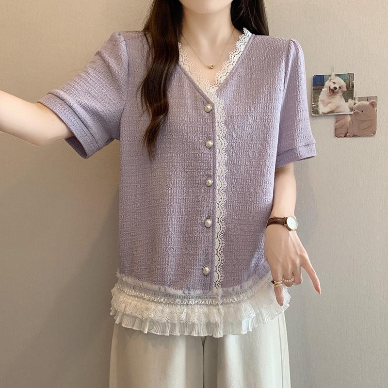 2026 Summer Plus Size Women s Lace V-neck Short Sleeve Top 3XL