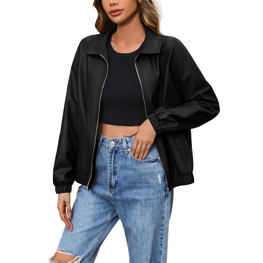 Ladies Fashion Casual Solid Color Outdoor Leather Jacket Short Coat