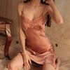 Sexy women's ice silk pajamas, new lace pure desire temptation suspender nightgown, summer thin nightgown with chest pad