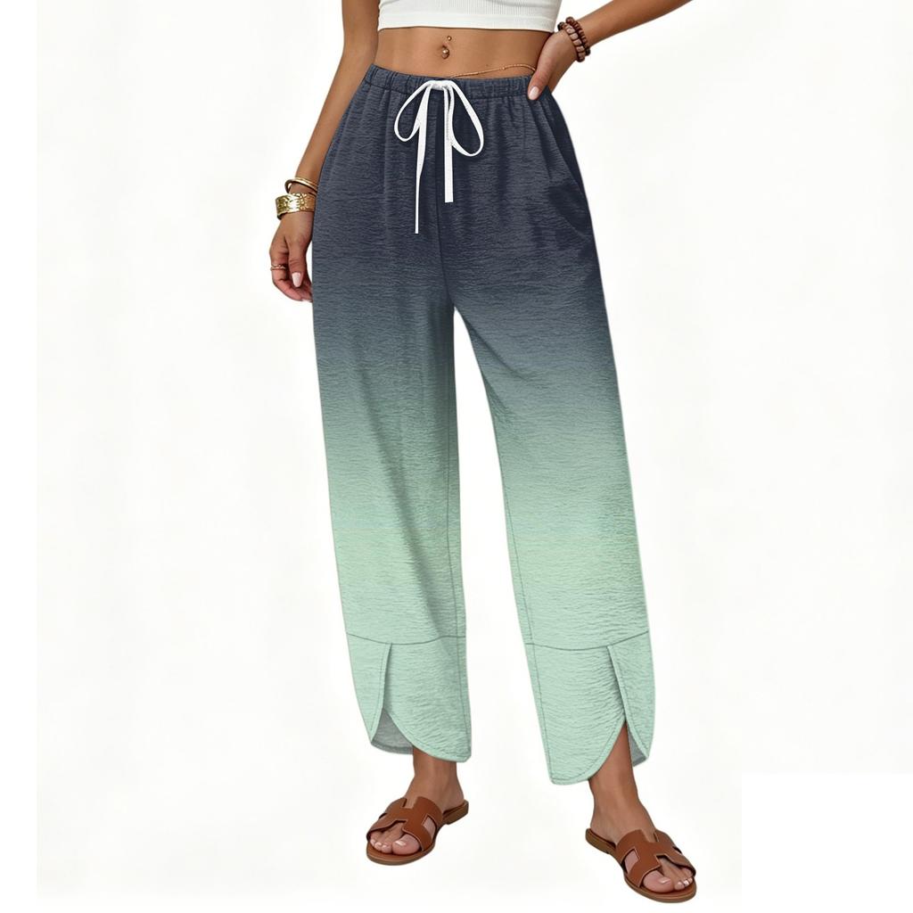Women’s Casual Loose Straight Wide Leg Pants with Drawstring Waist and Printed Pattern Long Trousers for Everyday Wear