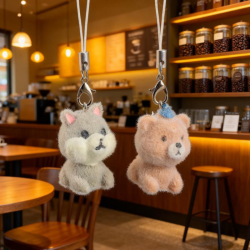 2Pcs Cute Flocking Resin Dog Keychains Bag Pendant Cartoon Animal Mobile Phone Lanyard Accessories Hanging Decoration