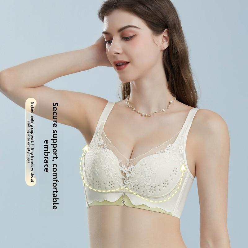 Breezy Light Luxury Lace Perforated Cup Bra, Lightweight Breathable Push Up Side Gathering Women Bra