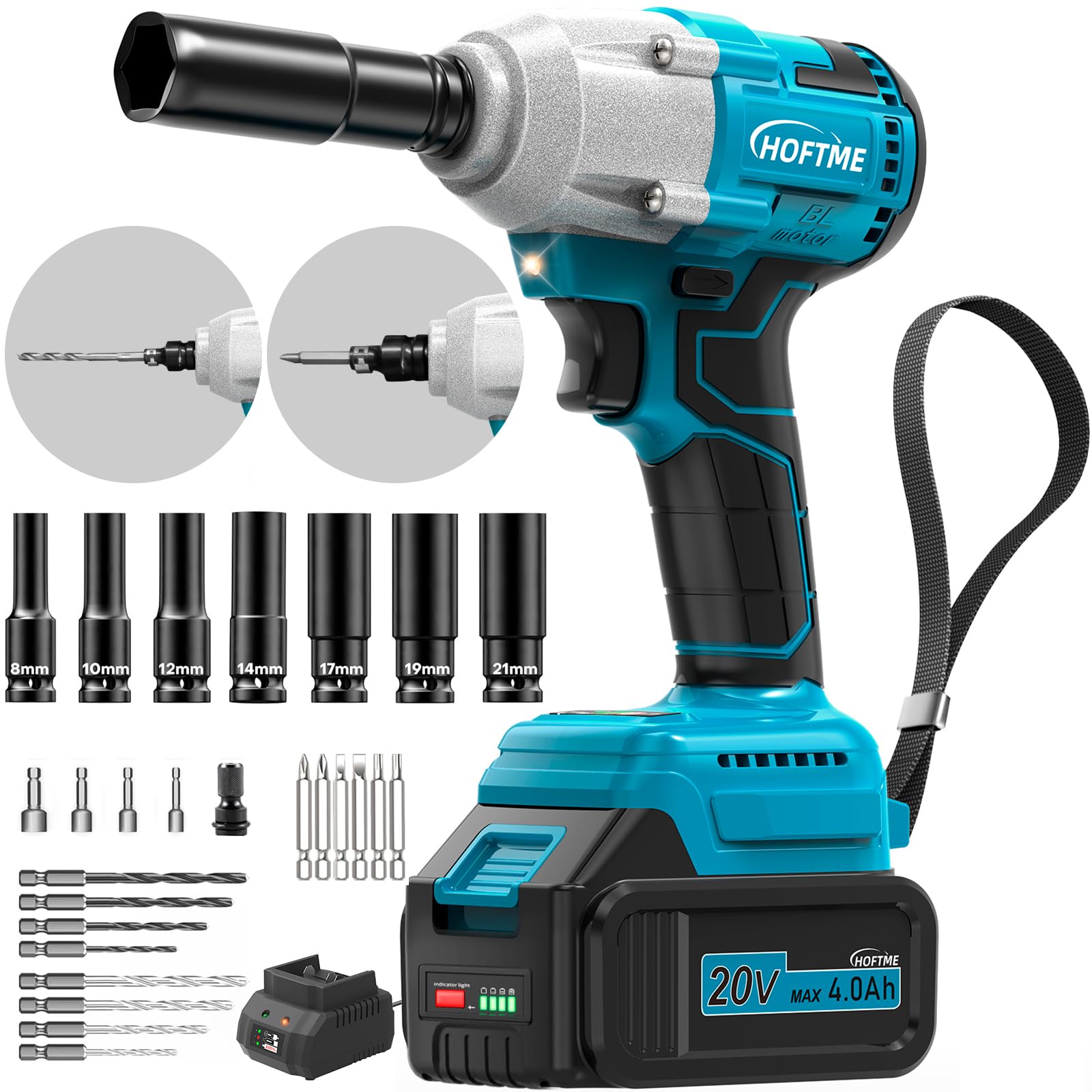 

HOFTME Аккумуляторная ударная дрель-шуруповерт Impact Максимальный крутящий момент Бесступенчатая скорость Светодиодная подсветка для шин, мебели и DIY 3-в-1 инструмент, Гайковерт, Шуруповерт, 20В, 4000мАч, синий