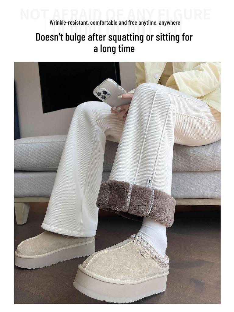Chenille Fleece-Lined Bell Bottom Pants for Plus-Size Women - Autumn/Winter Lambswool Cotton Micro-Flare Warm Pants