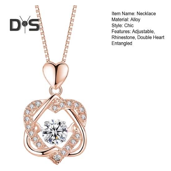 Naszyjnik damski z podwójnym sercem, splątany, z kryształkami, regulowany, z przedłużonym łańcuchem, biżuteria ze stopu na co dzień na bal maturalny