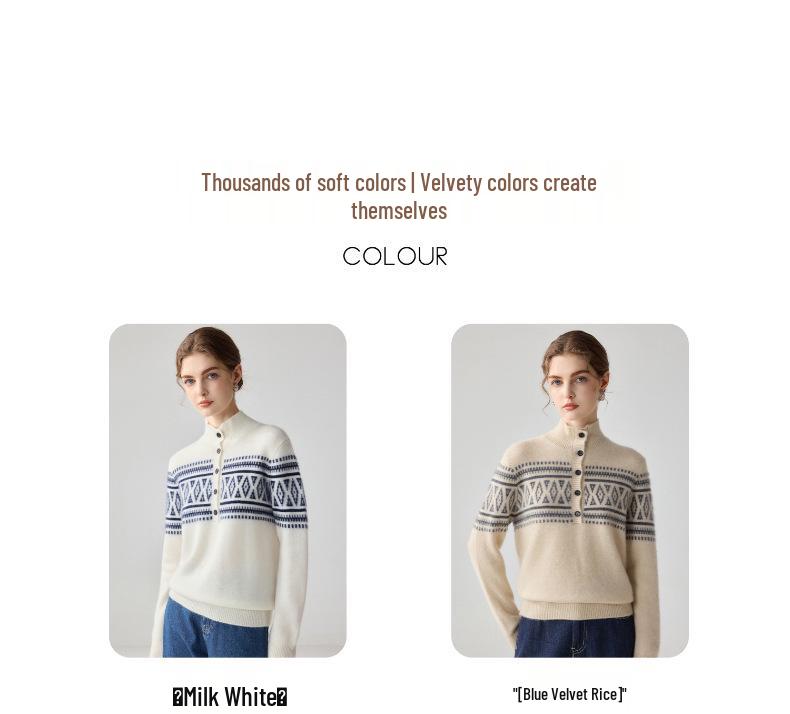 Women's Ethnic Style Fair Isle Jacquard Cashmere Half-Zip Sweater - Loose, Thick Winter Knit Top