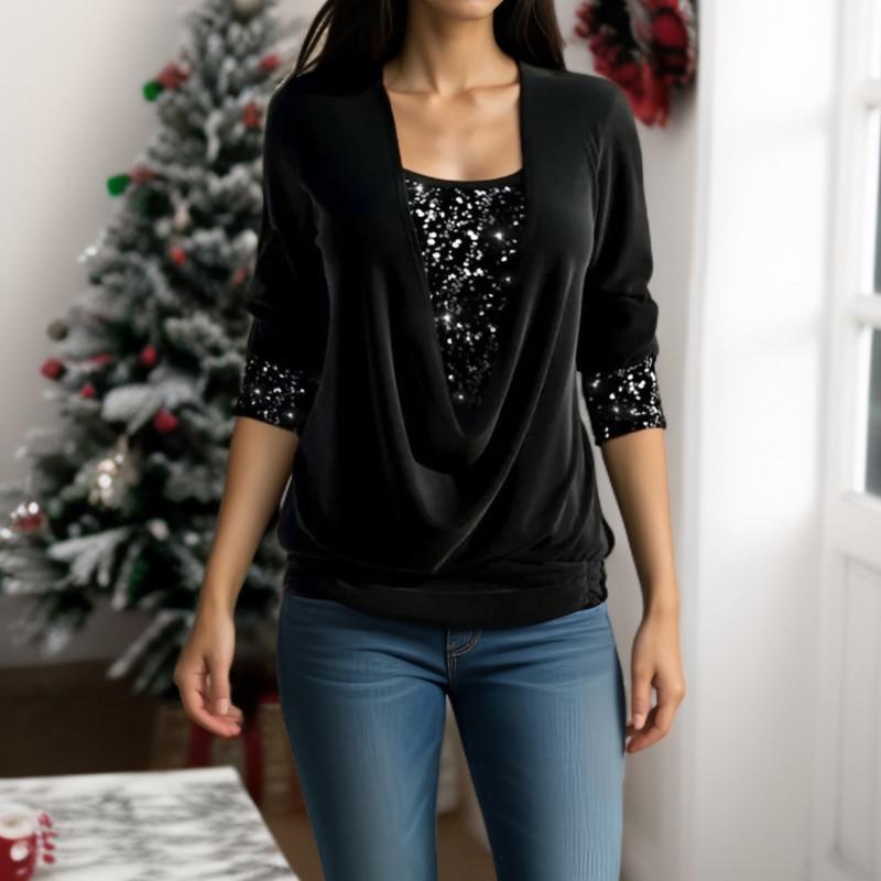 Spring and Autumn Beaded Clash Net Long Sleeve Women's Big Drop Neck Loose Drawstring False Two Piece Top