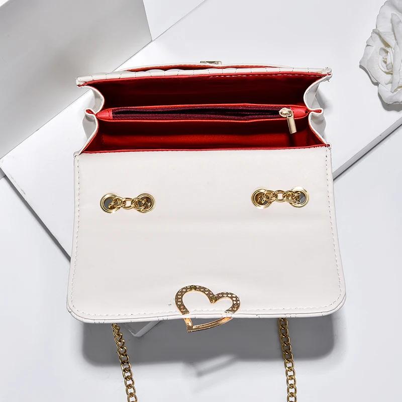 New Women Fashion Peach Heart All-Match Messenger Bag Solid Color Females Square Popular Shoulder Chain Flap Bags For Ladies