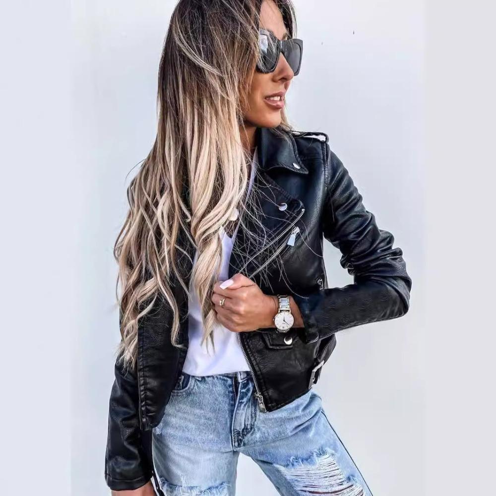 Streetwear Leather Jacket Women's Short Coat High-waisted Slim Inclined Zipper-up Casual Motorcycle Outerwear