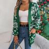 Autumn Winter Vintage Loose Long Sleeve Top Print Cardigan Knitwear V-Neck Christmas Sweater