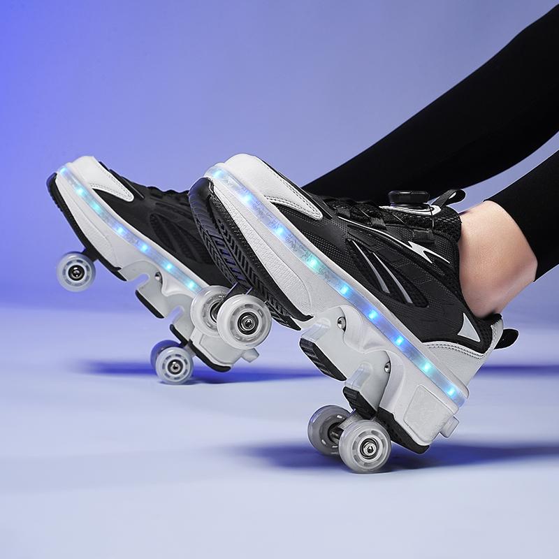Scarpe da pattinaggio a rotelle a quattro ruote a doppia fila LED Flash Scarpe a rotelle a doppio uso Uomo Donna Sneakers casual Scarpe sportive per passeggiate con il cane