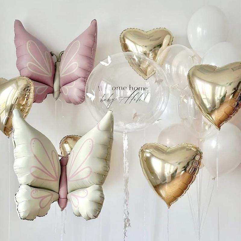 Pink Butterfly Birthday Balloons Aluminum Film Balloon  Heart Shaped Balloons with Bow Wedding Party Baby Shower Supplies Globos