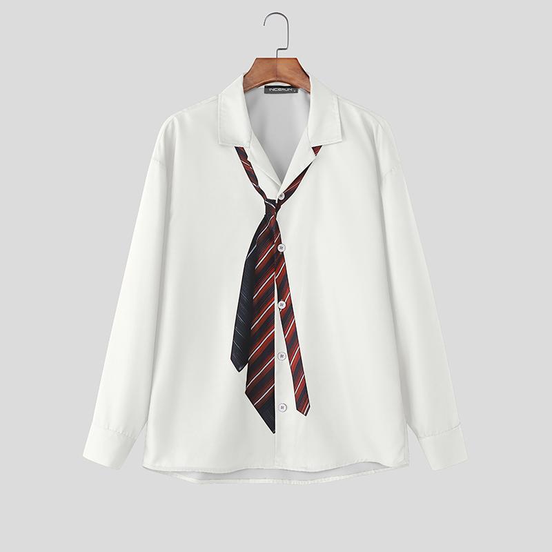 INCERUN Oversized Men Lapel Neck Long Sleeve Striped Print Buttons Up Casual Shirts