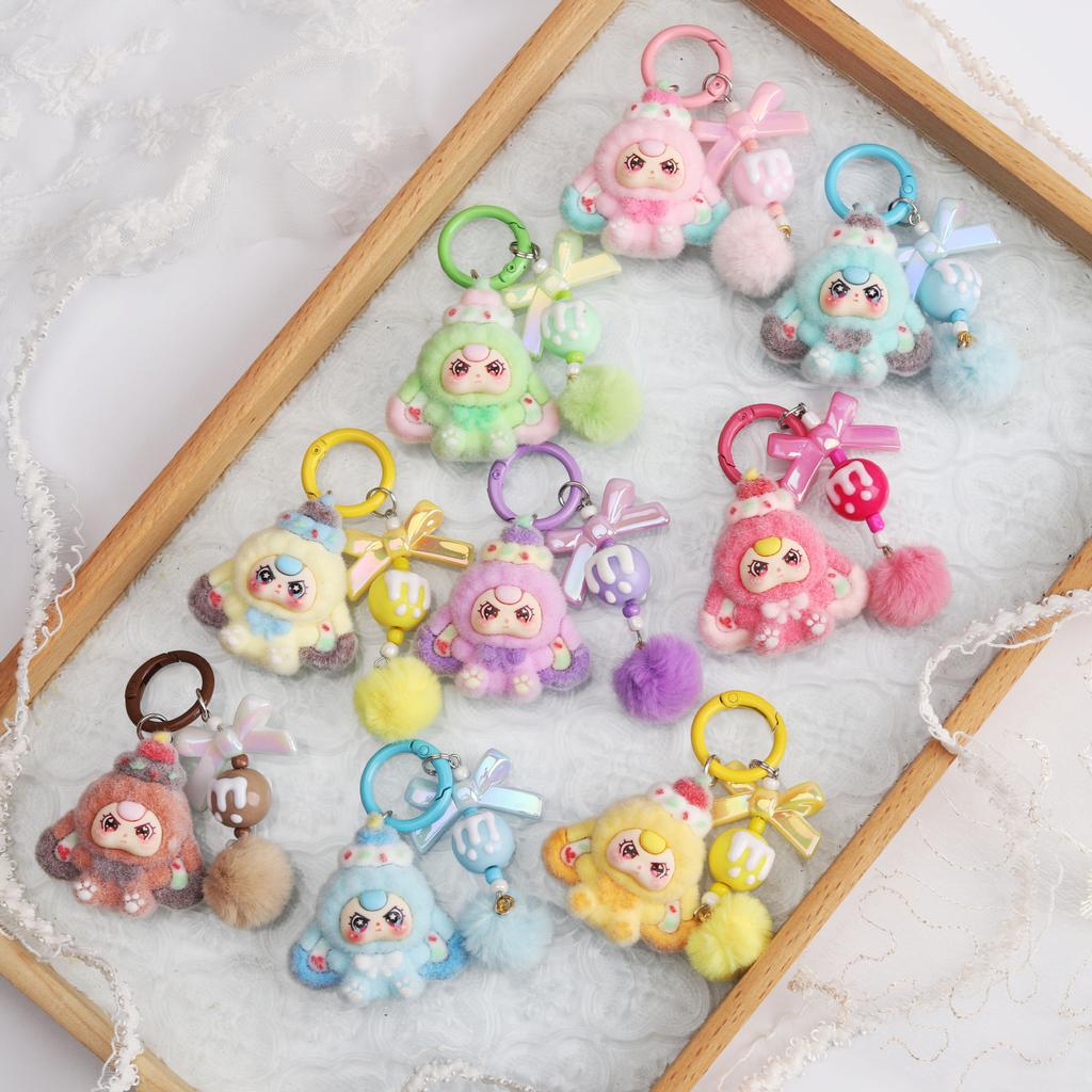 9Pcs Keychain Flocked Cartoon Cake Hat Plush Doll Cute Mini Toy Bag Charm Key Ring Fluffy Ball Accessory Gift For Kids Girls Toy