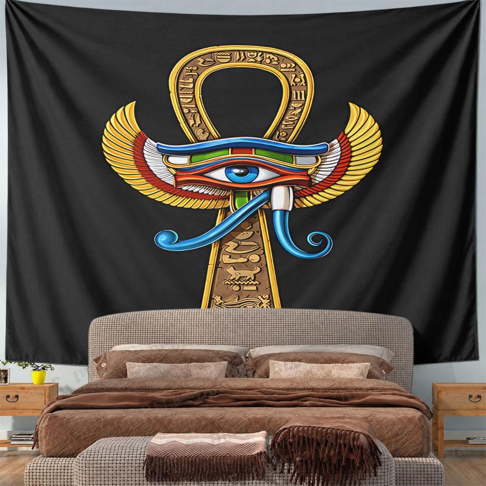 Ankh Eye of Horus Wings Tapestry Wall Hanging Egyptian Hieroglyph Gold Decor for Bedroom Living Room Meditation Gift