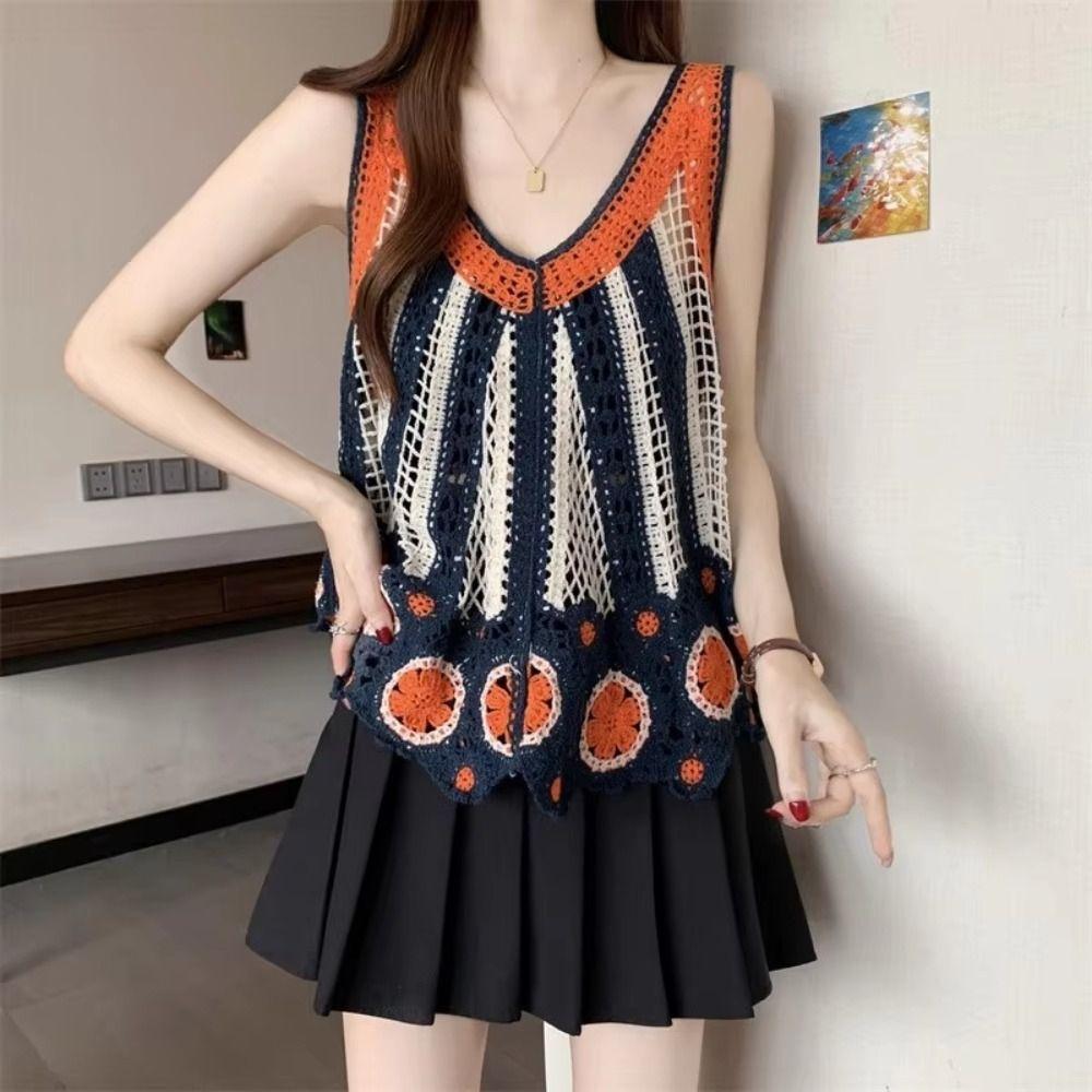 Versatile Hollowed Out Vest Dress Crochet Loose Sleeveless Cover Up Printed Knit Ethnic Bohemian Vest For Summer Beach Vacation
