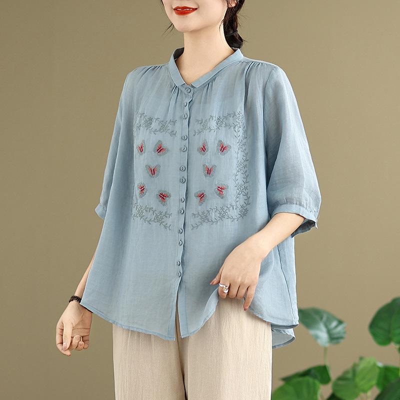 

Korean Style Plus Size Embroidered Retro Shirt with Loose Cotton-Linen Pants for Women - Summer 2025 Collection L