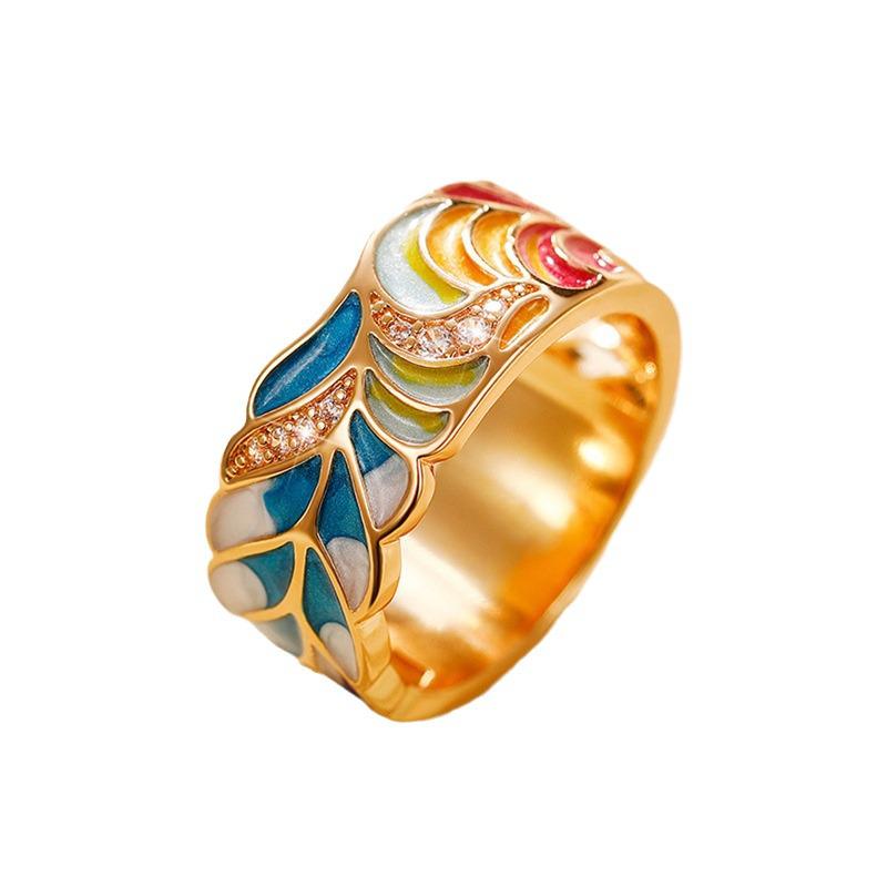 Huajie Trendy Copper Gold-Plated Drip Oil Ring with European, American, and Punk Influences in Blue and White Porcelain Pattern