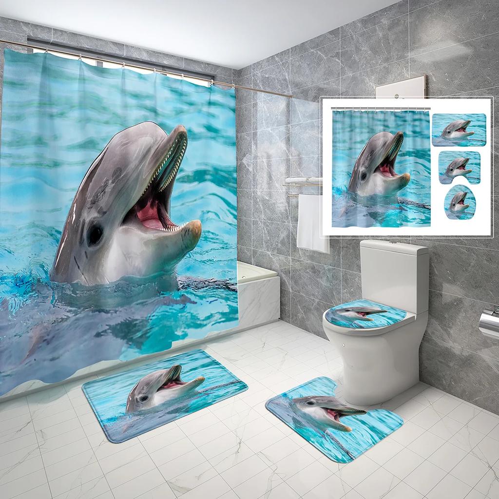 4 Sets Dolphin Shower Curtain Sets With Non-Slip Bath Mat,Toilet Lid Cover And Ocean Animals Blue Sea World Shower Curtain Set