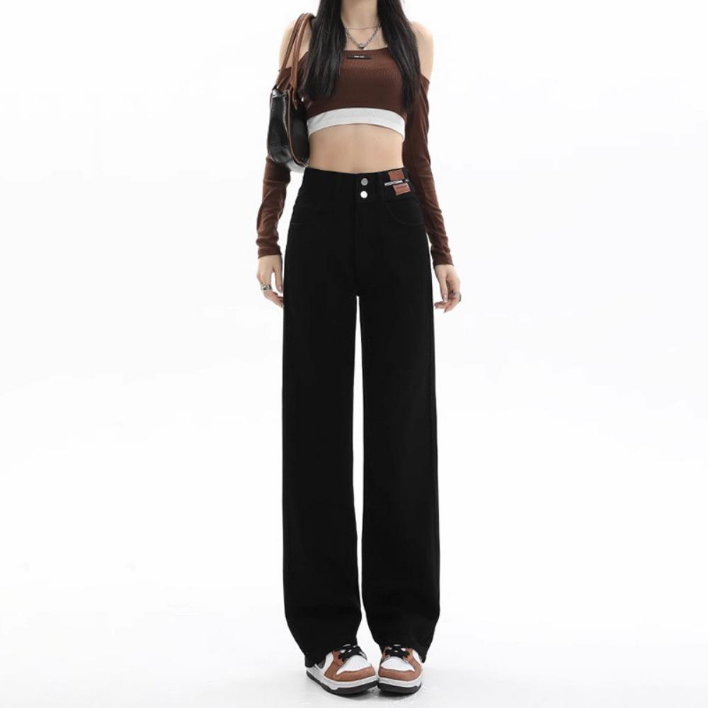 

Джинсы с высокой посадкой и широкими штанинами женские осень-зима 2025 новые прямые свободные большого размера тонкие драпирующиеся брюки 2XL чёрный