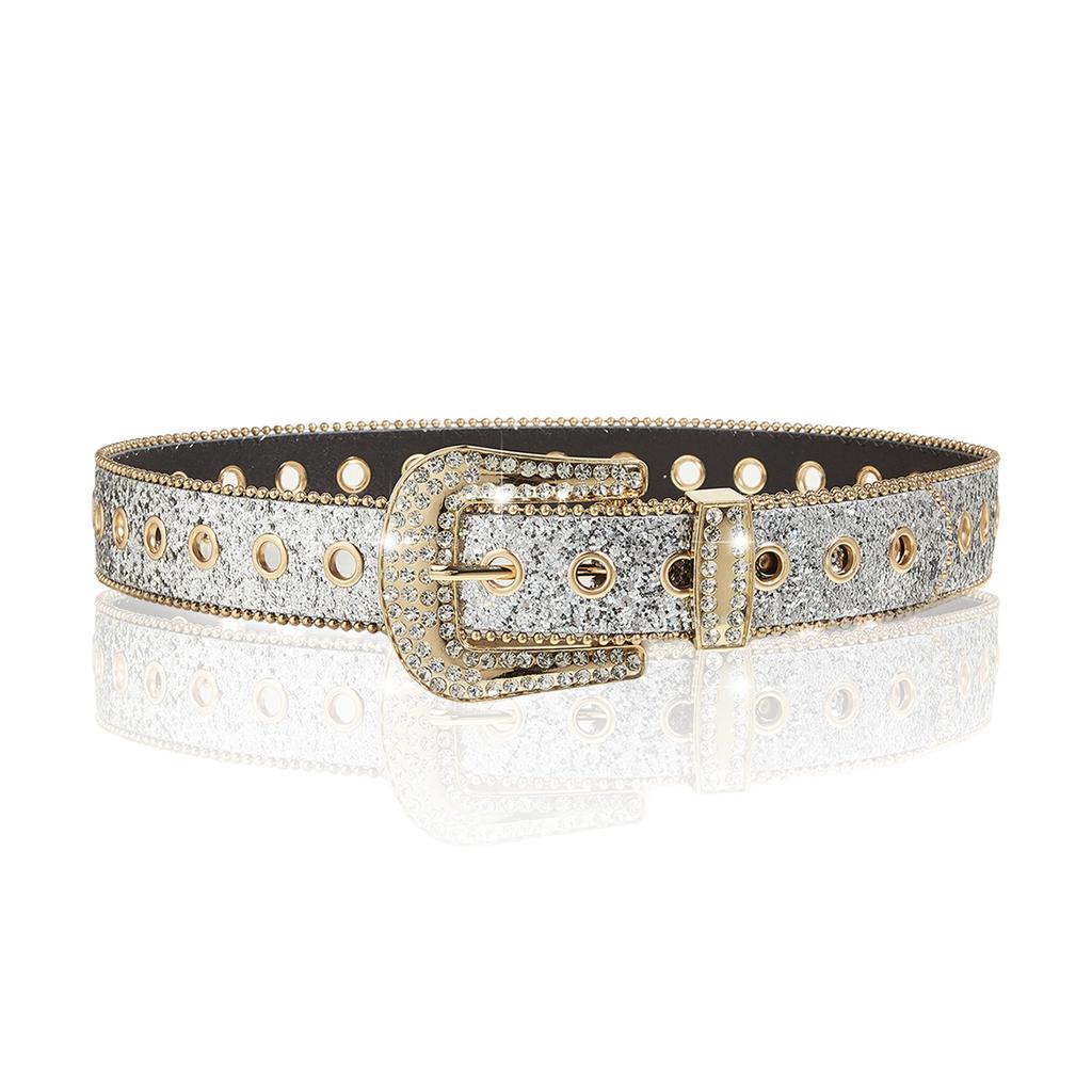 Fashion Women Wide Glitter Belt Golden Rhinestone Buckle Full Eyelet Design Western Style Waist Belt for Jeans Pants Dresses