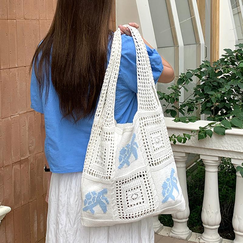 Yogodlns Nová háčkovaná taška, Kabelka s velkou kapacitou, Vyšívaná háčkovaná taška s výpletem, Korejská háčkovaná denní kabelka