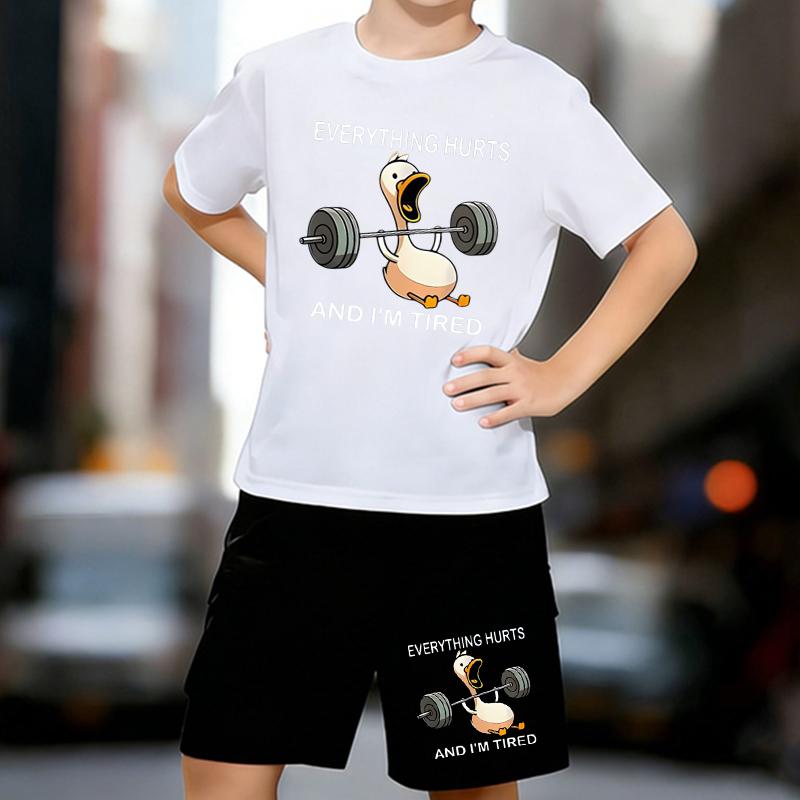 

Boys 2 Piece Cartoon Duck Weightlifting Printed outfit, Short Sleeve T-Shirt and Shorts Set for Kids Age 5-14,Black Sporty Casual Summer Clothes 13-14 Years