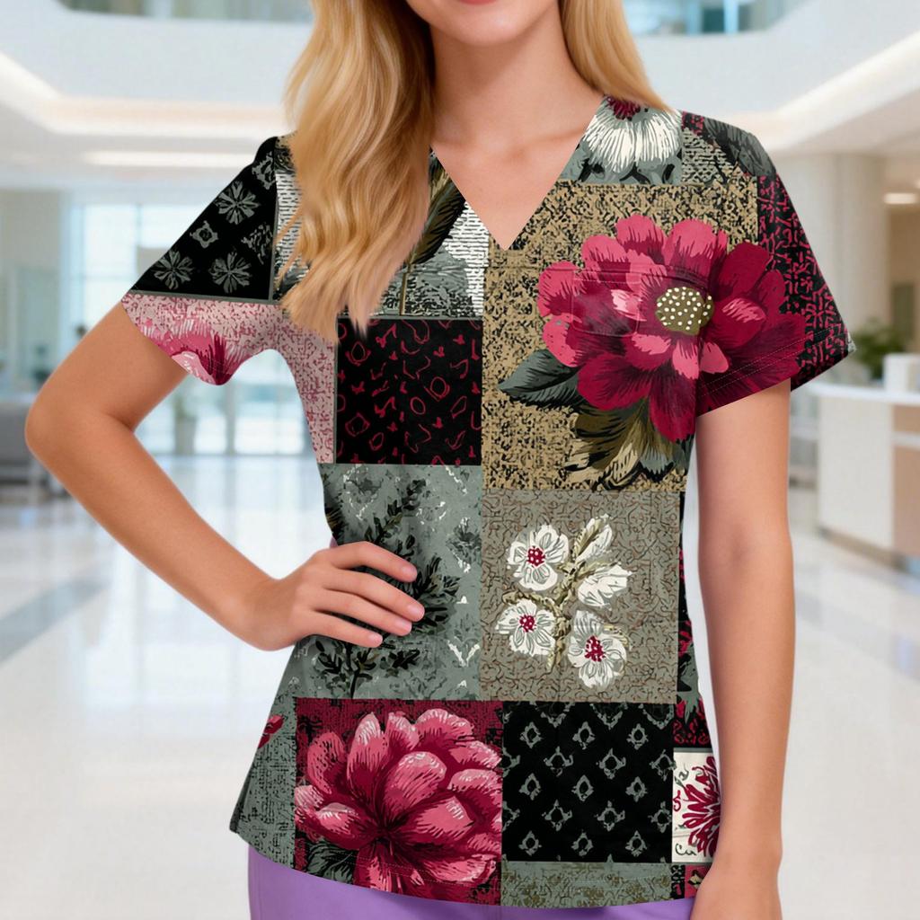 Damen V-Ausschnitt Drei-Taschen Kurzarm Retro-Print Uniform/Pflegekraft Oberteil Mit Schlitzen Am Saum