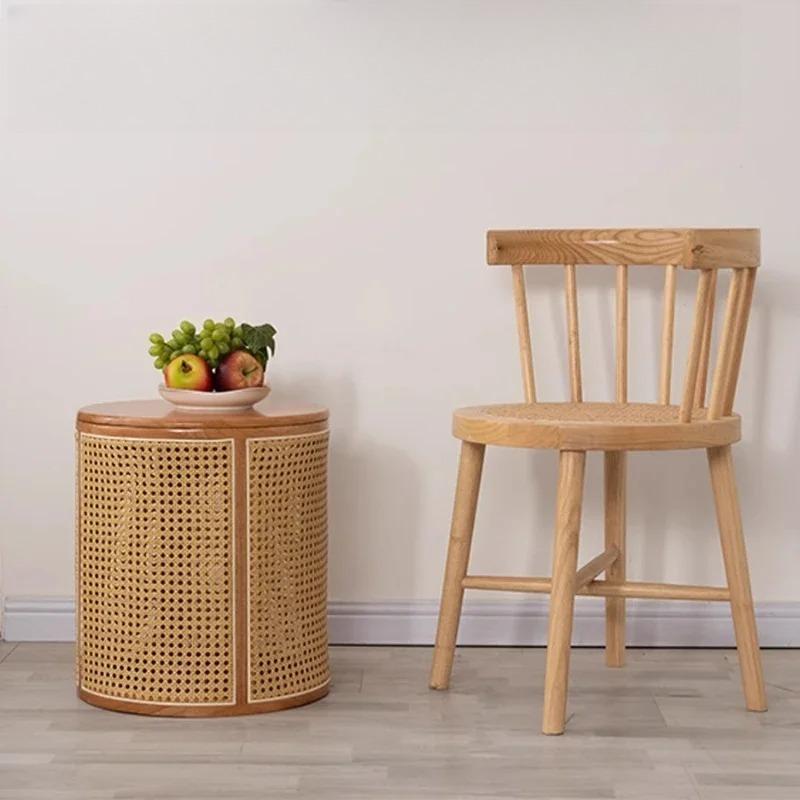 Vintage Solid Wood Rattan Storage Stool Wabi-Sabi Japanese Nightstand Round Bucket Ottoman for Bedroom Guesthouse Decor