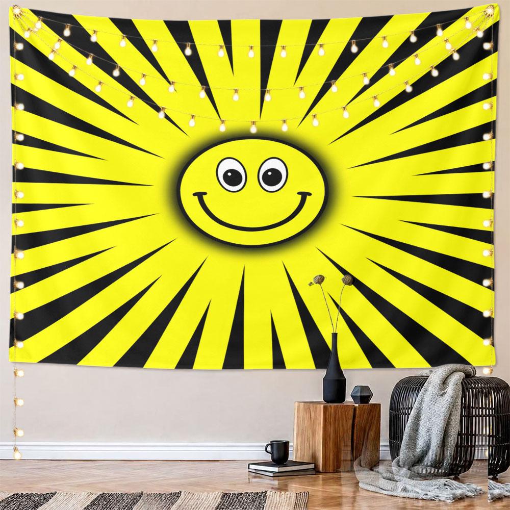 "Yellow Smiley Face with Radiant Sunburst" Pattern Wall Hanging Tapestry Decorative Tapestry Home Decor for Bedroom and Living Room