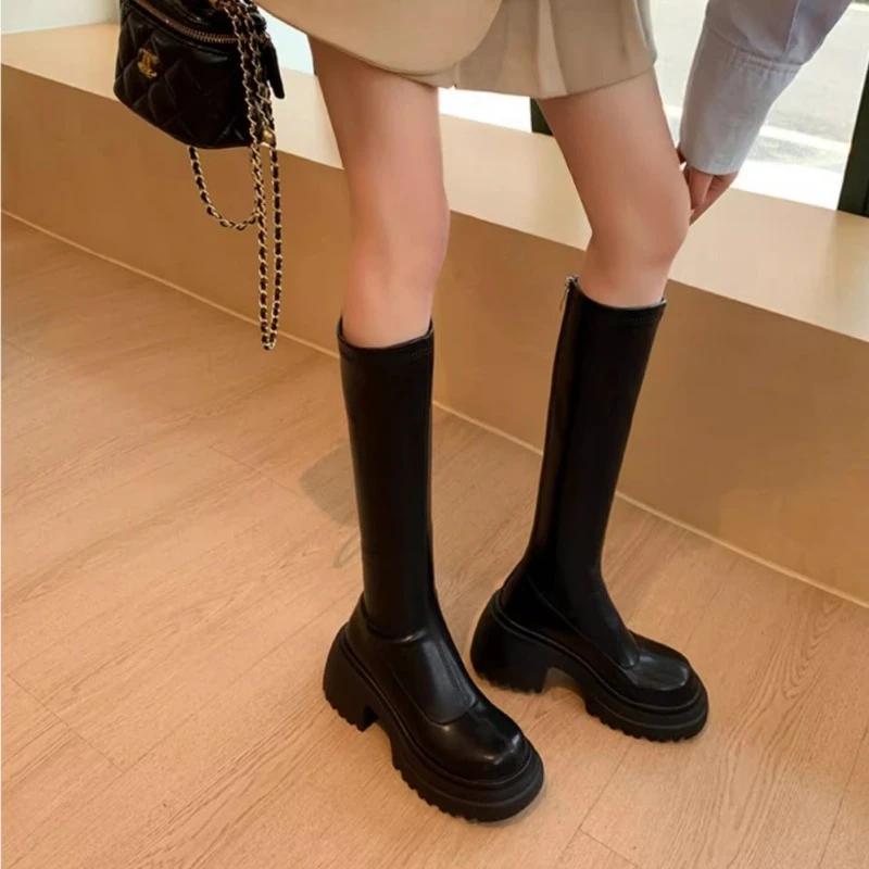 Women's High Over-the-knee Boots Round Head Half-zipper Elastic Thin Thick Bottom Boots Two Heights Optional Fashion Boots Shoes