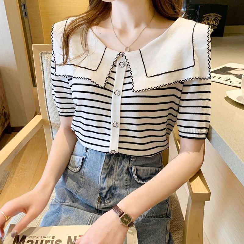 Pulover tricotat cu guler bleumarin de vară pentru femei Tricou Topuri cu mânecă scurtă cu nasturi Culoare uni cu dungi Alb liber