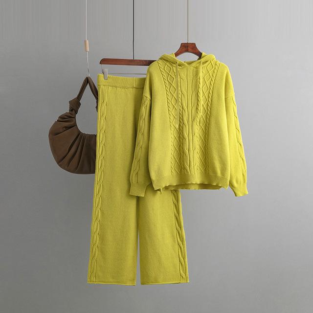 

Женские осенние однотонные свитера с капюшоном и воротником, трикотажные повседневные широкие брюки, комплект из двух предметов для женских модных комплектов One Size лимонно-желтый
