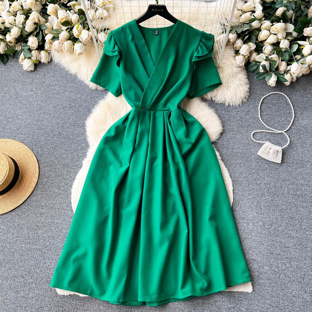 French Retro V-neck Ruffled Short Sleeved Dress for Women Summer A Slim  Waist and Elegant A-line Long Swing DRESSES Buy cheaply on Joom