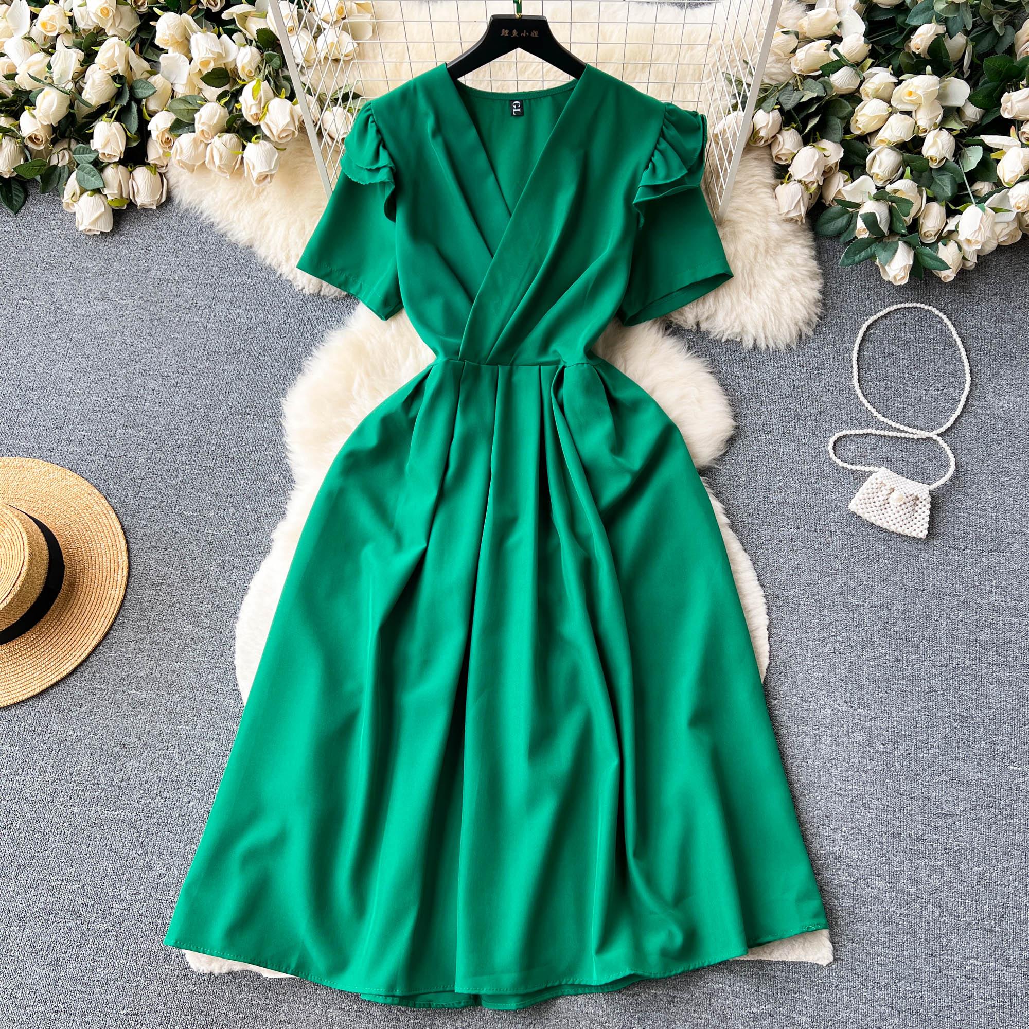 

Женское платье с короткими рукавами и v-образным вырезом во французском стиле ретро, ​​летние элегантные длинные свободные платья трапециевидной формы с тонкой талией One Size зелёный
