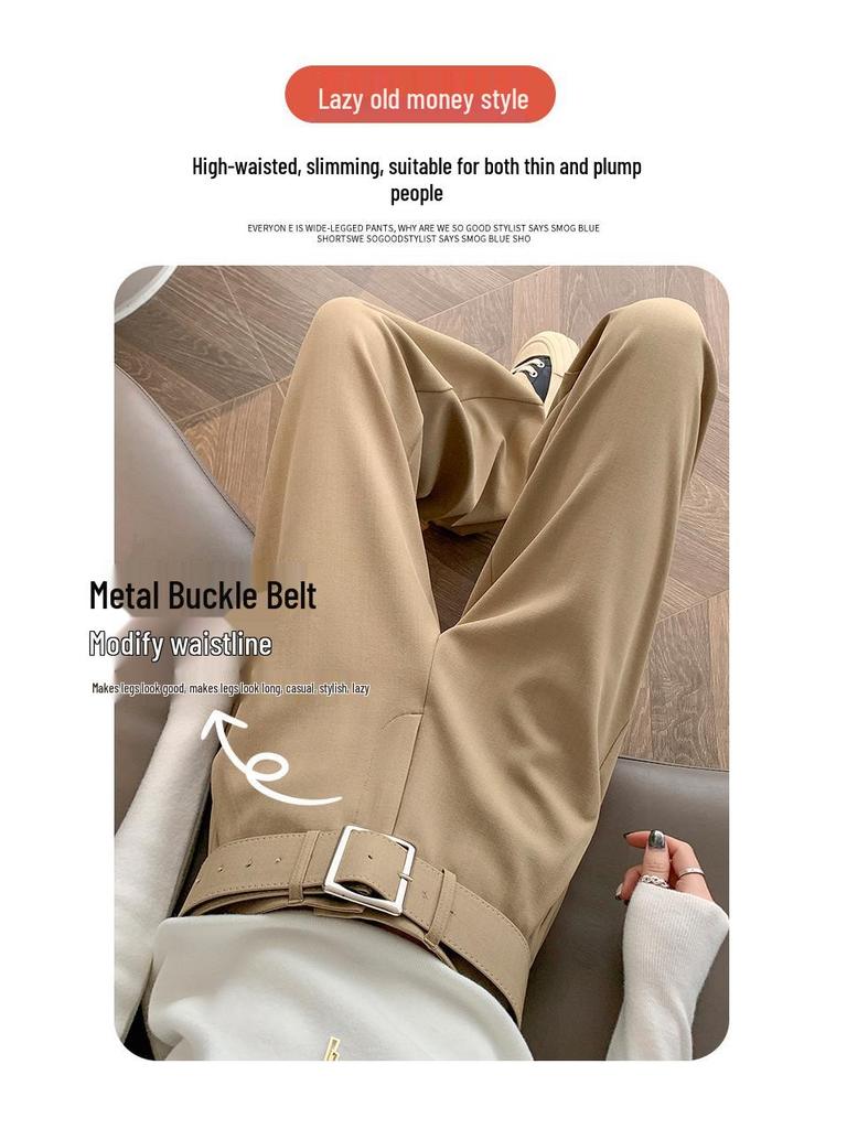 Women's Retro Minimalist Wide-Leg Khaki Suit Pants with Old Money Style Leather Belt