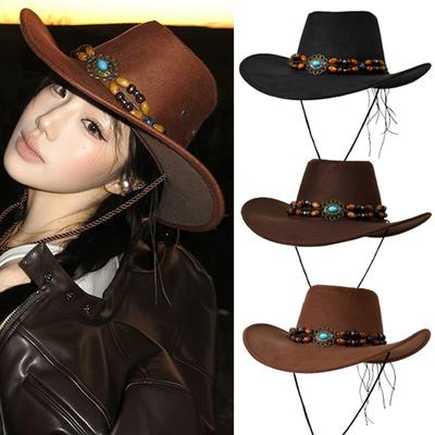 Turquoise Decorated Western Cowboy Hats New Vintage Summer Large Brimmed Wide Border Sunshade Hats Men Women Party Cosplay Hat