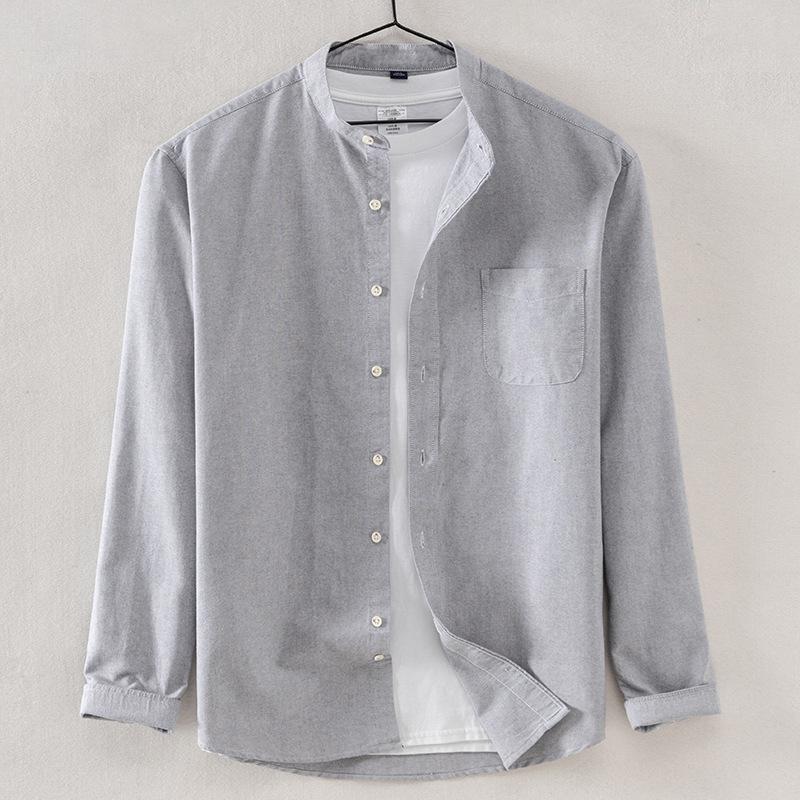 Solid Color Stand-up Oxford 100% Cotton Longsleeve Shirt for Men Korean Clothes Mens Fashion Clothing Trends Button Up Shirt