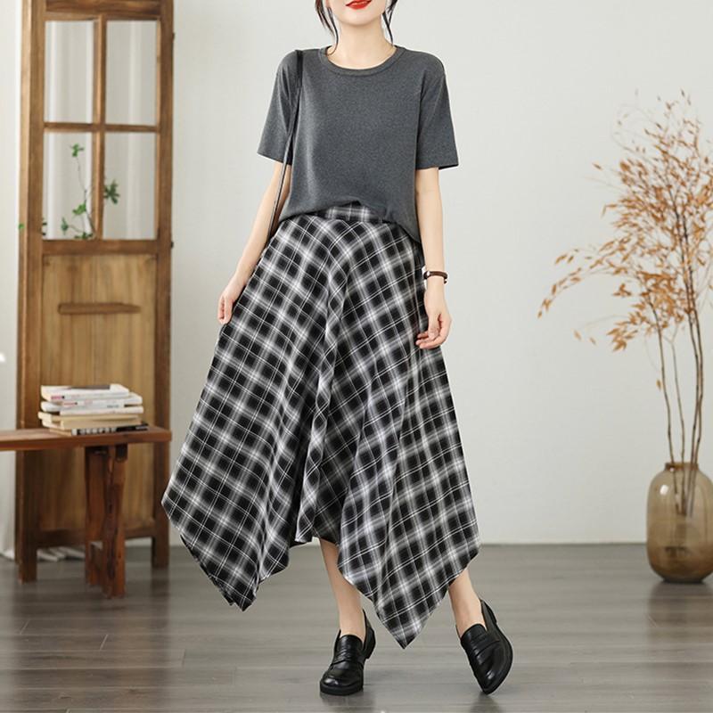 Plus Size High Waist Cotton Vintage Plaid Casual Summer Loose Long for Woman Skirts Womens Skirt