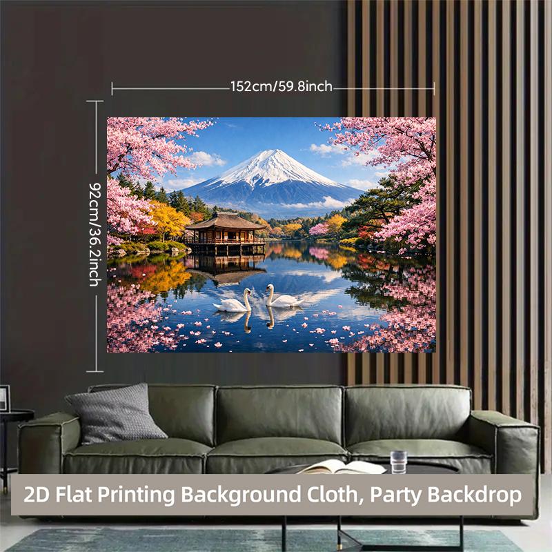2 D Plane Sakura Snow Mountain Lakes Scenery Background Cloth Suitable for Indoor and Outdoor Activities Polyester Fiber