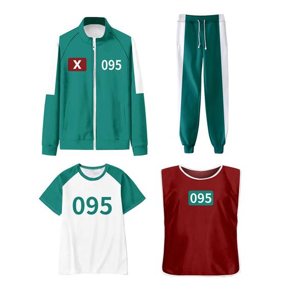 Kostým Squid Game Cosplay Čtyřdílná sada Tepláková souprava Oblečení Bunda Tričko Vesta Kalhoty Sada Sportovní mikina Halloweenský Karnevalový Párty Kostým