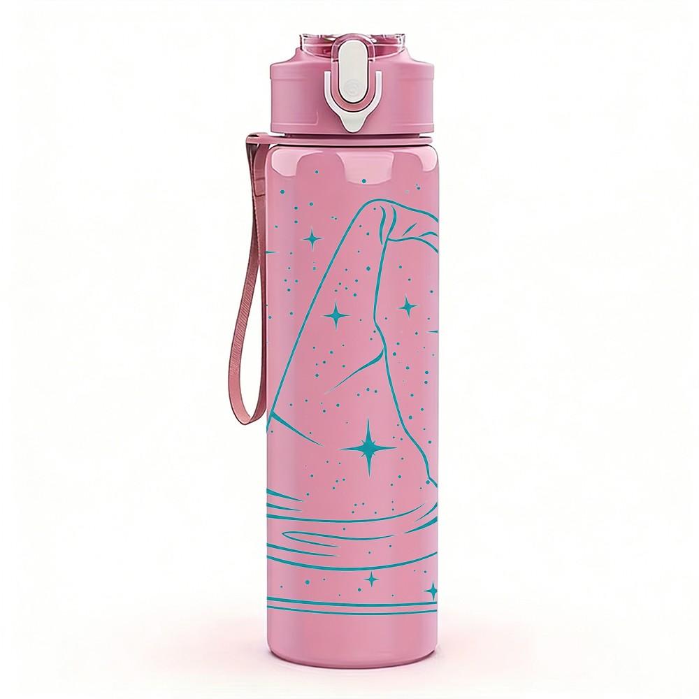 1PC Simple White Witch Magic Hat Print 750ml Color Plastic Sports Water Bottle Leakproof Flip Straw Lid Suitable for Sports Office Home Use