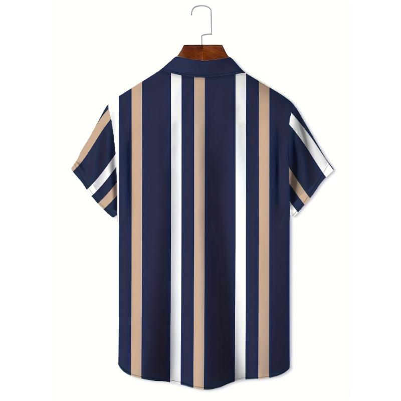 The  men's short-sleeved shirt for summer  features a casual fashionable comfortable and soft 3D vertical pattern print