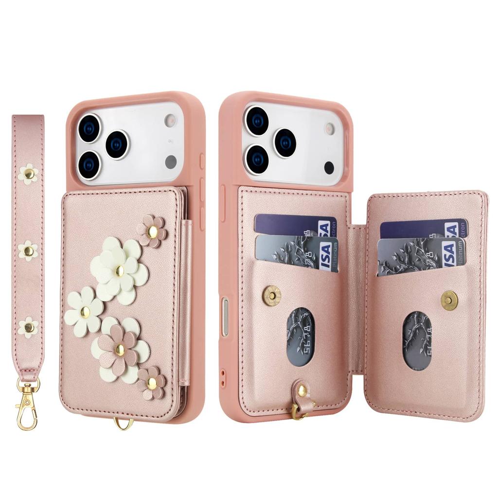 For iPhone 17 Pro Max iPhone Air Case, Wallet with Card Holder, Cute Flower Design Crossbody Purse,Magnetic Kickstand Shockproof